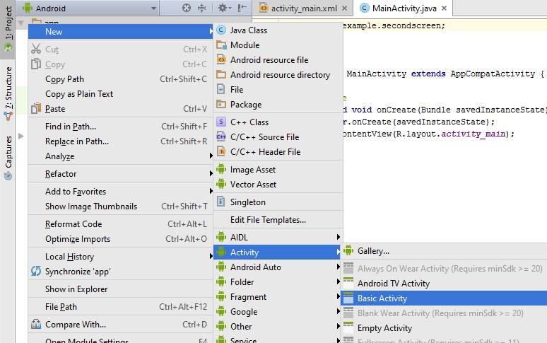 Android Studio New Activity