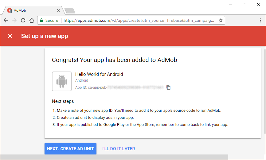 App Created in AdMob