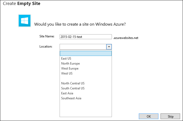 Set the Azure Options for a New WebMatrix Website