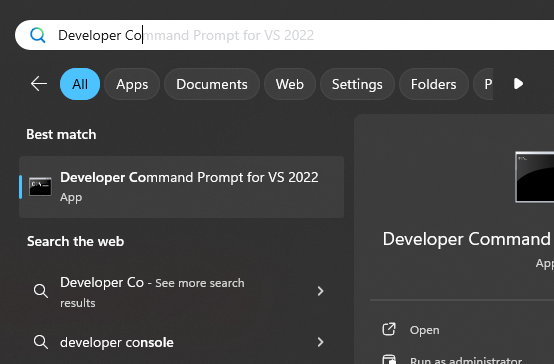 Starting the Developer Command Prompt