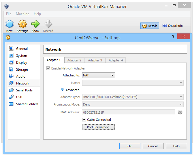 Accessing VirtualBox Network Settings