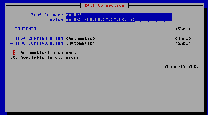 nmtui set a connection to auto connect on CentOS 7