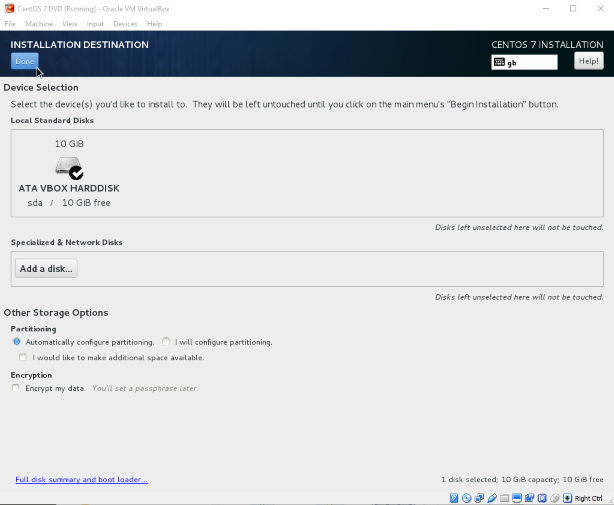 Select Done to confirm CentOS install destination.