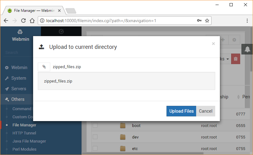 Upload Zip with Webmin