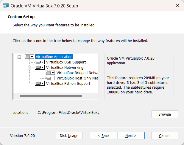 VirtualBox Install Options Custom Setup dialog