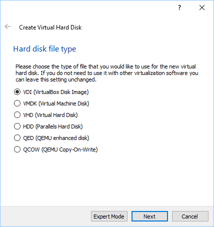 Select VDI VM hard disk.